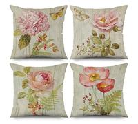 ASDCXZ Lot de 4 à Ressort 40x40 cm, rétro Fleur de Rose Beige Housse de Coussin décorative Lavable Polyester et Lin Textile d'extérieur Housse de Coussin
