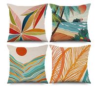 ASDCXZ Lot de 4 à Ressort 40x40 cm, Style bohème Feuilles abstraites Soleil Beige Housse de Coussin décorative pour canapé Lavable Polyester et Lin Textile d'extérieur Housse de Coussin