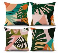 ASDCXZ Lot de 4 à Ressort 45x45 cm, Motif Feuilles Vertes abstraites Rose Soleil Housse de Coussin décorative pour canapé Lavable Polyester et Lin Textile d'extérieur Housse de Coussin