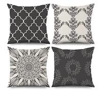 ASDCXZ Lot de 4 Boho 45x45 cm, Motif Fleurs Datura rétro Noir et Beige Housse de Coussin décorative pour canapé Lavable Polyester et Lin Taie d'oreiller