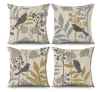 ASDCXZ Lot de 4 Housses de Coussin à Ressort 40x40 cm, Fleurs rétro Feuilles Oiseaux Gris Housses de Coussin décoratives Housse de Coussin Lavable en Polyester et Lin Housse de Coussin d'extérieur