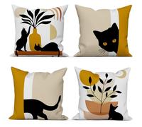 ASDCXZ Lot de 4 Housses de Coussin Boho 45x45 Abstrait Chat Carré Canapé Décoratif Housses Coussin, Drôle Chat Noir Bohème Soleil Lune Feuilles Lavables Polyester Textile d'extérieur Taie d'oreiller