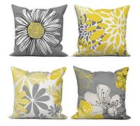 ASDCXZ Lot de 4 Jaunes 45x45 cm, Europe du Nord Fleurs Modernes Jaune Gris décoration de canapé Lavable Polyester et Lin Textile Housse de Coussin
