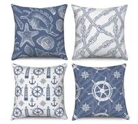 ASDCXZ Lot de 4 maritimes 40x40 cm, Coquillage océan Ancre Boussole de mer Bleu Blanc Housse de Coussin décorative pour canapé Lavable Lin Textile taie d'oreiller d'extérieur