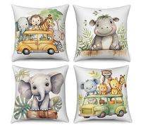 ASDCXZ Lot de 4 pour Enfants 45x45 cm, Motif Animal éléphant Hippopotame Lion Girafe Housse de Coussin décorative pour canapé Lavable Lin Textile taie d'oreiller d'extérieur