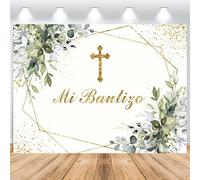 ASDCXZ Mi Bautizo Fond 2,2 x 1,5 m, Eucalyptus Vert Première Sainte Communion Baptême Photographie Fond Communion Nouveau-né Baby Shower Party Décoration Photo Booth Props