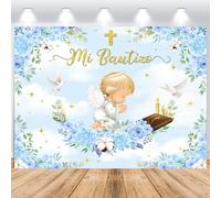ASDCXZ Mi Bautizo Fond 2,2 x 1,5 m, Fleurs Bleues Or Dieu Bénédiction Première Sainte Communion Photographie Fond Garçon Communion Baptême Baby Shower Party Photo Booth Accessoires