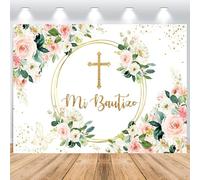ASDCXZ Mi Bautizo Fond 2,2 x 1,5 m, Rose Fleurs Blanches Feuilles Vertes Première Sainte Communion Baptême Photographie Fond Baby Shower Party Photographie Fond Photo Séance Accessoires