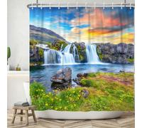 ASDCXZ Rideau de Douche 180x180 cm, Paysage Naturel Montagnes et rivières Cascade Fleurs Herbe Lavable Textile Rideau Douche imperméable pour Baignoire avec 12 Crochets