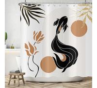ASDCXZ Rideau de Douche Boho 180x180 cm, Style Boho Abstrait Moderne Carpe Koi Noire Feuilles d'or Fleurs Lavables Textile Rideau de Bain imperméable pour Baignoire avec 12 Crochets