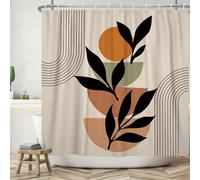 ASDCXZ Rideau de Douche Boho 180x180 cm, Style Boho Abstrait Moderne Feuilles Noires Orange Soleil Ligne Kaki Lavables Textile Rideau de Bain imperméable pour Baignoire avec 12 Crochets