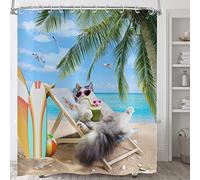 ASDCXZ Rideau de Douche Chat drôle 180x180 cm, Chat Cool drôle en Vacances Plage de Sable Enfant Lavable Rideau de Douche en Textile imperméable pour Baignoire avec 12 Crochets