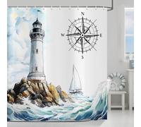 ASDCXZ Rideau de Douche Côtier Nautique 180x200 cm, Océan Plage Phare Voilier de Mer Compas Maritime Côtier Imperméable Bain Rideau Textile Lavable Rideaux Douche pour Baignoire avec 12 Crochets