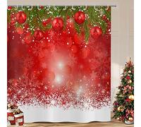 ASDCXZ Rideau de Douche de Noël 90x180 cm, Noël Flocon de Neige Rouge Paillettes Lavable Tissu Rideau de Douche Textile imperméable pour Baignoire avec 6 Crochets