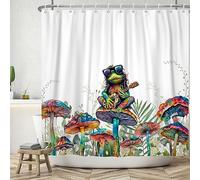 ASDCXZ Rideau de Douche Drôle 90x180 cm, Grenouille Punk drôle Jouant de la Guitare Champignons colorés Fleurs Feuilles Lavables Textile Rideau de Bain imperméable pour Baignoire