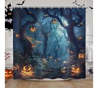 ASDCXZ Rideau de Douche Halloween 180x200 cm, Brouillard Forêt Clair de Lune Nuit Citrouille Lanterne Enfants imperméable Polyester Textile Lavable Rideaux de Douche pour Baignoire avec 12 Crochets