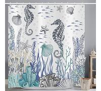 ASDCXZ Rideau de douche maritime, 180 x 180 cm, peint à la main, animaux marins, hippocampe, poissons, coquillages, étoiles de mer, bleu, lavable, rideau de douche, en polyester, imperméable, pour