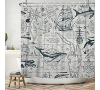 ASDCXZ Rideau de Douche Maritime 180x180 cm, Journal Nautique Maritime Voilier Ancre Boussole Créatures Marines Lavables Rideau Douche imperméable en Textile de pour Baignoire avec 12 Crochets
