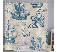 ASDCXZ Rideau de Douche Maritime 180x200 cm, Ancre de Voilier Nautique Maritime Animaux Marins Poulpes Coquilles Lavables Rideau Douche imperméable en Textile pour Baignoire avec 12 Crochets