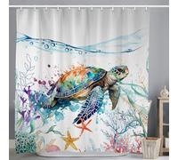 ASDCXZ Rideau de douche maritime 90 x 180 cm, bleu aquarelle, animaux marins, tortue, étoiles de mer, multicolore nautique, lavable, en polyester, textile, imperméable, pour baignoire, avec 6 crochets