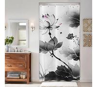 ASDCXZ Rideau de Douche Mince 90x180 cm, Art Moderne Lotus Feuille de Lotus Paysage Peinture Gris Lavables avec Oeillets Textile Rideau Douche imperméable pour Baignoire avec 6 Crochets