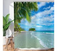 ASDCXZ Rideau de Douche Palmiers Plage 180x220 cm, Bord de mer d'été Ciel Bleu Plantes Tropicales Rideaux de Douche Lavable Textile Rideau Douche imperméable pour Baignoire avec 12 Crochets