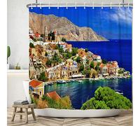 ASDCXZ Rideau de Douche Paysage 180x180 cm, Europe Grèce Île de mer Paysage Naturel bâtiment coloré Lavables Textile Rideau de Bain imperméable pour Baignoire avec 12 Crochets
