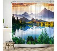 ASDCXZ Rideau de Douche Paysage 180x200 cm, Paysage Naturel Spectaculaire Lac et Montagne Forêt Verte Lavables Textile Rideau de Bain imperméable pour Baignoire avec 12 Crochets