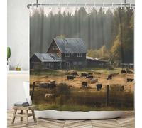 ASDCXZ Rideau de Douche Paysage 180x200 cm, Paysage Naturel Village Calme et Vache de Ferme Lavables Textile Rideau de Bain imperméable pour Baignoire avec 12 Crochets
