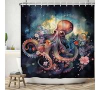 ASDCXZ Rideau de Douche Pieuvre 180x180 cm, Art Aquarelle Mignon Poulpe Rose Fleurs colorées Lavables Textile Rideau de Bain imperméable pour Baignoire avec 12 Crochets