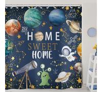 ASDCXZ Rideau de Douche pour Enfants 180x180 cm, Sweet Home Astronaute Mignon Space Planet Star Boy Bleu Profond Lavables Textile Rideau de Bain imperméable pour Baignoire avec 12 Crochets
