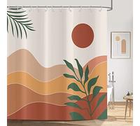 ASDCXZ Rideau de Douche Style Boho 180x180 cm, Art Abstrait Moderne Boho Feuilles Vertes Sun Hills Beige Marron Lavables Rideau Douche imperméable en Textile pour Baignoire avec 12 Crochets