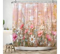 ASDCXZ Rideau de douche vintage 180 x 200 cm, peinture à l'huile rose rétro, blanc, rose, fleurs vertes, feuilles, salle de bain, lavable, en polyester, textile, imperméable, avec 12 crochets