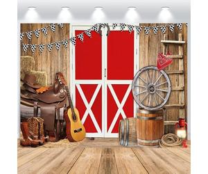 ASDCXZ Toile de Fond de Cowboy Occidental 2,2x1,5 m, Far West Rustique Rouge Grange Porte Ferme Bois Photographie Toile de Fond Douche de bébé Anniversaire Western BBQ Fête Décor Bannière Studio