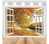 ASDCXZ Toile de Fond de Fenêtre d'automne 1,5x1m, Forêt d'automne Paysage Naturel Feuilles d'érable Fenêtre en Bois Photographie de Fond Thanksgiving Baby Shower Party Fond Studio Accessoires