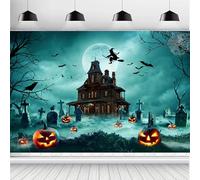 ASDCXZ Toile de Fond de Halloween 2.2x1.5m, Horreur Pleine Lune Château Cimetière Citrouille Lanterne Sorcière Halloween Fond de Photographie pour Maison Hantée Fête Décor Bannière Studio Accessoires