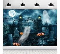ASDCXZ Toile de Fond de Halloween 2.2x1.5m, Horreur Pleine Lune Porte de Fer Cimetière Citrouille Fantôme Halloween Fond de Photographie pour Maison Hantée Fête Décoration Bannière Studio Accessoires