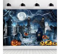 ASDCXZ Toile de Fond de Halloween 2.5x1.8m, Effrayante Pleine Lune Citrouille Iron Gate Crâne Fantôme Halloween Fond de Photographie pour Maison Hantée Fête Décoration Bannière Studio Accessoires