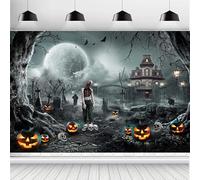 ASDCXZ Toile de Fond de Halloween 3x2.5m, Horreur Pleine Lune Porte de Fer Château Cimetière Citrouille Halloween Fond de Photographie pour Maison Hantée Fête Décoration Bannière Studio Accessoires