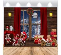 ASDCXZ Toile de Fond de Noël 3x2.5m, Fenêtre Scène De Neige Rideau Rouge Couronne Ours Mur en Bois Photo Toile De Fond, Vinyle Famille Célébration Fête Ornements Photographie Toile De Fond Bannière