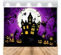 ASDCXZ Toile de Fond Halloween 2.5x1.8m, Pleine Lune Terror Château Cimetière Citrouille Lanterne Violet Halloween Toile de Fond, Vinyle Sorcière Enfants Portrait Photographie Toile de Fond Bannière