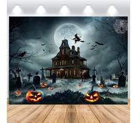 ASDCXZ Toile de Fond Halloween 2.7x1.8m, Cimetière Château Citrouille Lanterne Pleine Lune Nuit Fête, Vinyle Sorcière Enfants Portrait Photographie Bannière