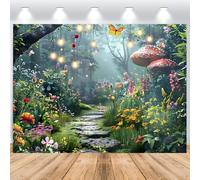 ASDCXZ Toile de Fond Photo de Forêt Enchantée 2.2x1.5m, Printemps Conte de Fées Magie Jardin Photographie Fond Champignons Papillon Thé Féerique Anniversaire Fête Décoration Bannière Studio Props