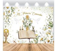 ASDCXZ Toile de Fond Photo Ma Première Communion 1.8x1.2m, Fleur Feuilles Colombe Bible Communion Thème Photographie de Fond Fille Garçon Nouveau-né Que Dieu Vous Bénisse Fête Décoration Bannière