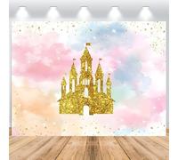 ASDCXZ Toile de Fond Photo Princesse Château 2.2x1.5m, Dessin Animé Or Château Arc-en-Ciel Nuage Photographie Fond Fille 1er Anniversaire Fête Prénatale Fête Décoration Bannière Studio Accessoires