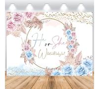ASDCXZ Toile de Fond pour Photo de révélation du Sexe 2,2 x 1,5 m, He ou She Boho Rose Bleu Fleurs Feuilles Vinyle Photographie Fond Baby Shower Bannière Décorations Stand Accessoires