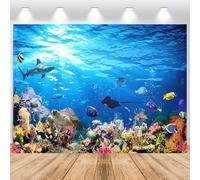 ASDCXZ Toile de Fond sous la Mer 2,5 x 1,8 m, Fond Marin Bleu Profond Créatures Marines Vinyle Fond de Photographie Enfants Anniversaire Océan Fête à Thème, Fond Photo Portrait