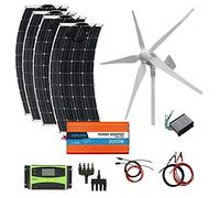 Asdfeop Système Hybride Solaire-éolien 1 200 W : 4 Panneaux solaires Flexibles 100 W + générateur éolien 800 W + onduleur 2 000 W + Accessoires pour la Charge de la Batterie