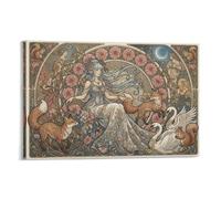 ASDFGHJKLZA Art Nouveau Anime Tableau Toile Decoration Murale Salon deesse florale renard cygne illustration Art Mural Deco 08x12inch(20x30cm)