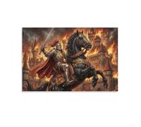 ASDFGHJKLZA Chevalier sur cheval noir Tableau Toile Château médiéval en feu Décoration Murale Salon 12x18inch(30x45cm)